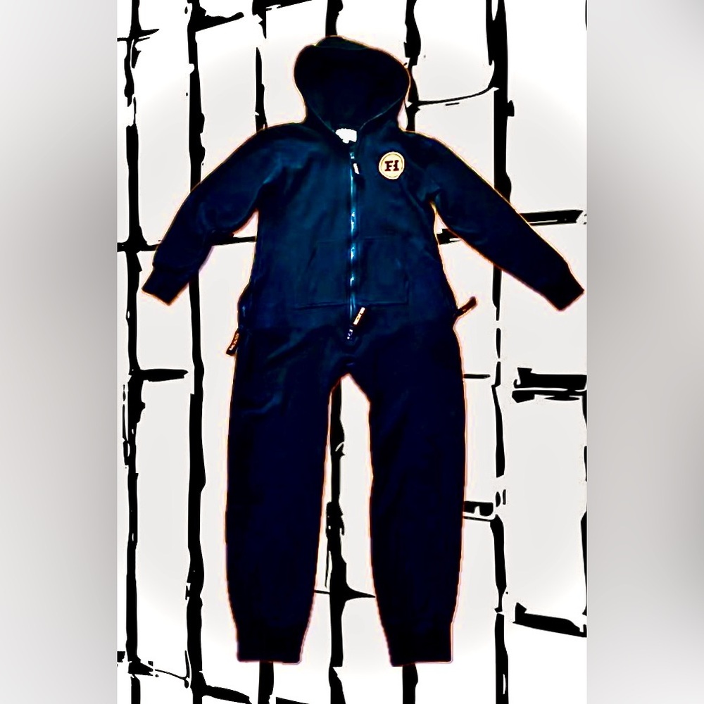 Rooster Teeth Black Zip-Up Hooded One Piece Sweatsuit Jumpsuit w/Orange Accents